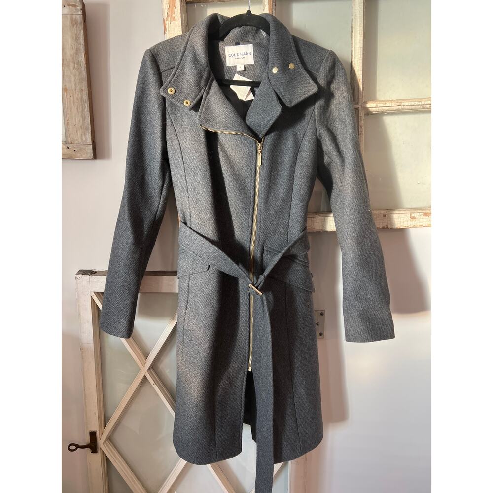 NWT Cole Haan size 6 long wool blend gray belted coat